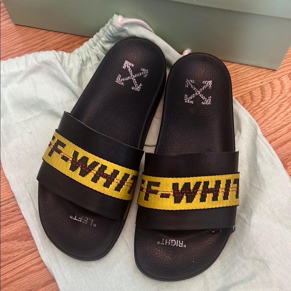 Off-White Black Slides with Yellow Strap